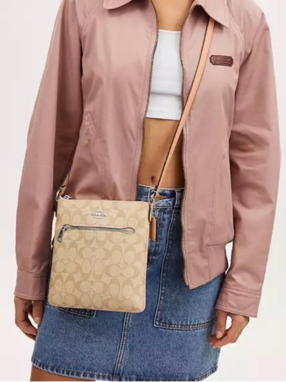 Coach Mini Rowan File Bag In Signature Canvas Tan & Coral